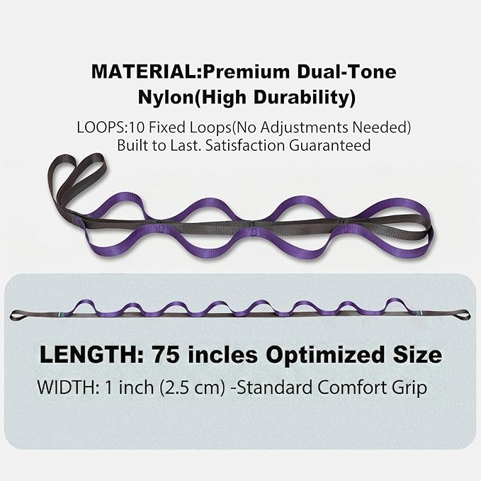Stretching Strap with 10 Loops – Non-Elastic Yoga Strap for Physical Therapy, Knee Replacement Recovery & Plantar Fasciitis – Leg Stretcher Band for Flexibility & Hamstring Rehab