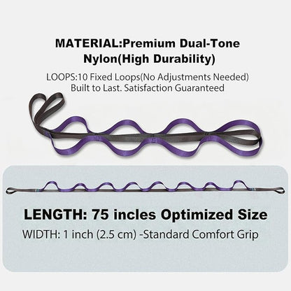 Stretching Strap with 10 Loops – Non-Elastic Yoga Strap for Physical Therapy, Knee Replacement Recovery & Plantar Fasciitis – Leg Stretcher Band for Flexibility & Hamstring Rehab