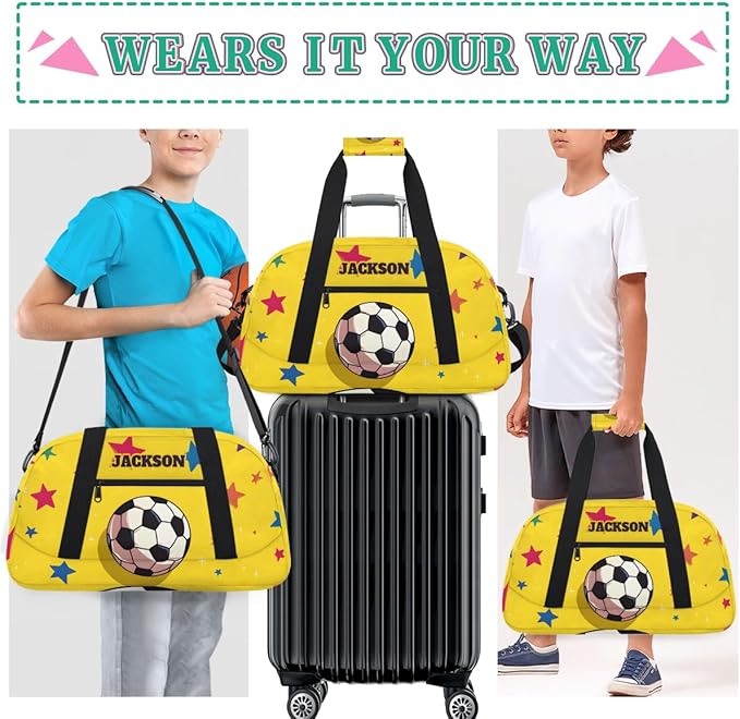 Custom Name Soccer Gym Duffel Bags for Kids Boys with Personalized Sport Training Travel Bags for Overnight Weekender, Yellow