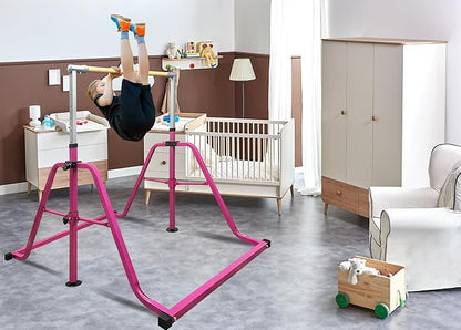 Foldable & Moveable Gymnastics Horizontal Bar with Rings,3’to 5’Adjustable Height Expandable Junior Kip Bar for Home,Indoor Gym Equipment for Kids
