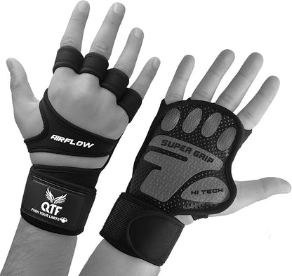 QTF Ventilated Weight Lifting Gloves for Men & Women Workout Gym Fitness Extra Grip with Wrist Support Wrap Cross fit Pull-ups Barbell Training Sports