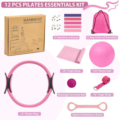 HASHMUST Pilates Ring Kit 12 PCS for Women, Home Workout Equipment with Magic Circle, Mini Exercise Ball, Resistance Bands, Massage Lacrosse, Yoga Strap, Full-Body Fitness Set for Toning & Gift