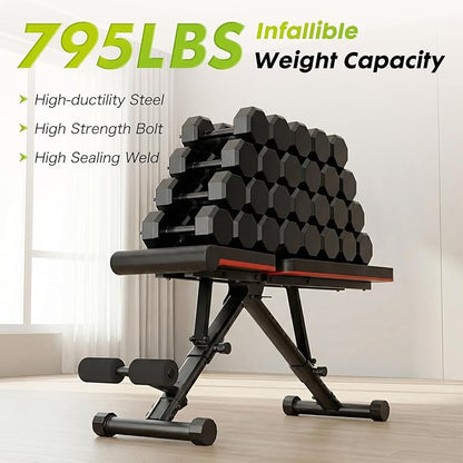 OLIXIS Adjustable Weight Bench for Full Body Strength Training, Foldable Workout Bench with Incline Flat Positions, 795 lbs Capacity Dumbbell Bench for Home Gym, Sit Up, Press, and Ab Exercises