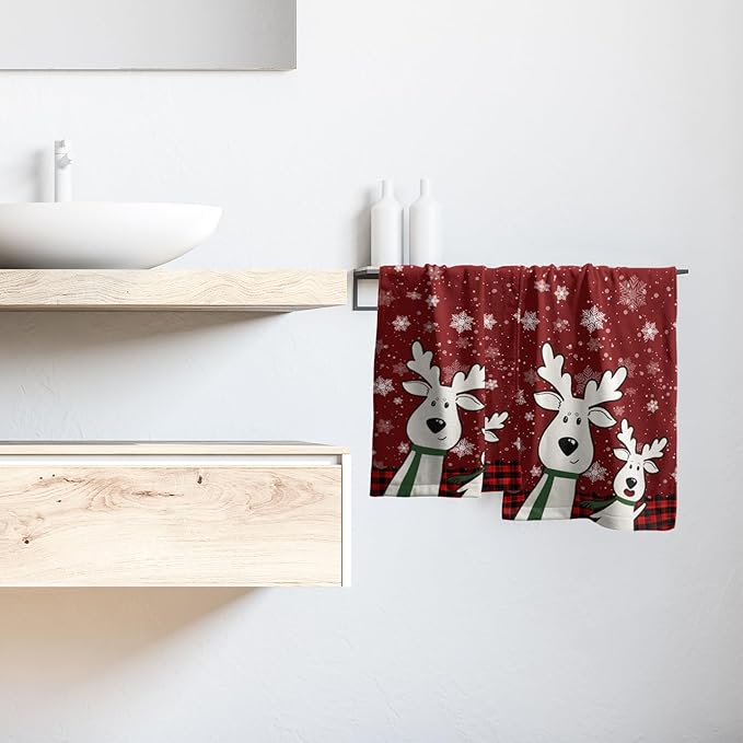 Winter Cute Deer Hand Towels Set of 2 Merry Christmas Red Black Red Buffalo Plaid Moose Elk Snowflake Decor Kitchen Towels Happy Holiday Red Dish Towel Super Soft Tea Towels for Bathroom Gym Spa