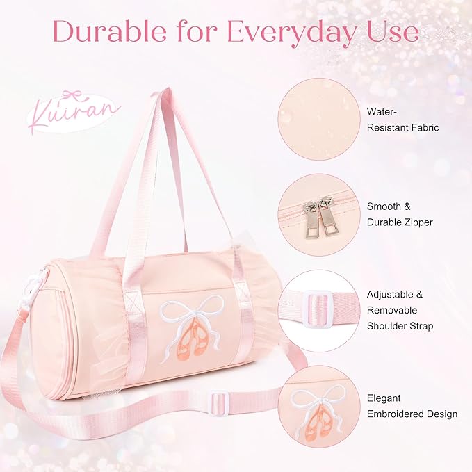 Dance Bag for girls, KUIRAN 8L Dance Duffel Bag with Separate Shoe Compartment Lightweight Water-resistant Sport Bag for Dance, Ballet, Gym, Travel - Light Pink