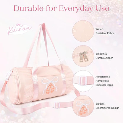 Dance Bag for girls, KUIRAN 8L Dance Duffel Bag with Separate Shoe Compartment Lightweight Water-resistant Sport Bag for Dance, Ballet, Gym, Travel - Light Pink