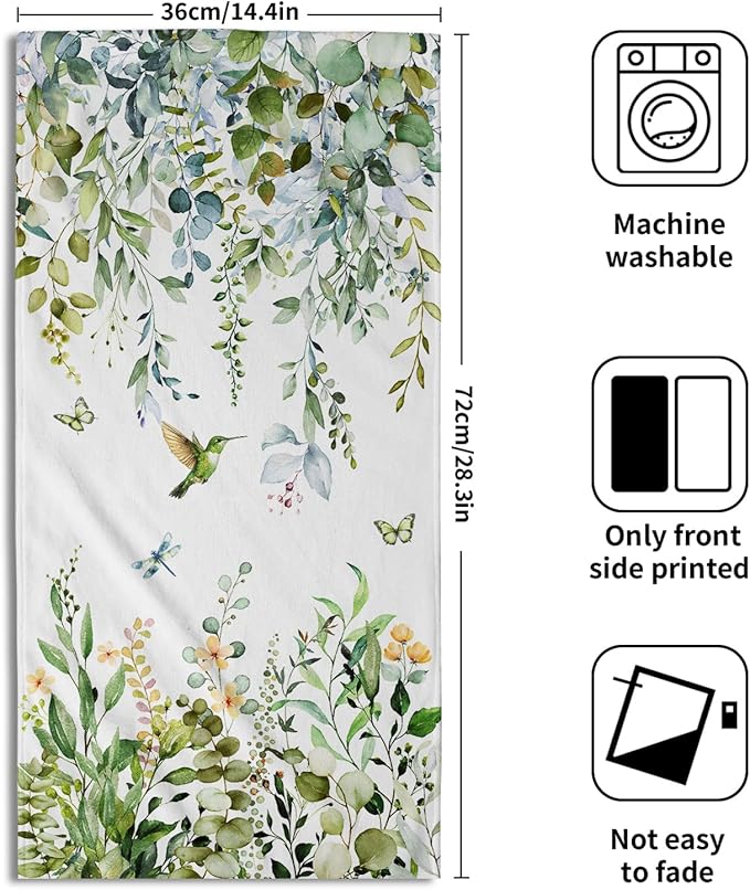 Spring Eucalyptus Leaves Kitchen Towels 14"x28" Set of 2 Green Botanical Humming Bird Decorative Soft Absorbent Hand Towels Summer Holiday Home Decor for Bathroom Gym Spa