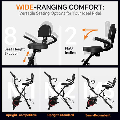 Foldable Exercise Bike Stationary Bikes for Home, 5 IN 1 Indoor Workout Bike, Cycling Bike with 16-Level Quiet Magnetic Resistance, 6.6 LBS Flywheel and 300LBS Capacity for Senior and Home Workout