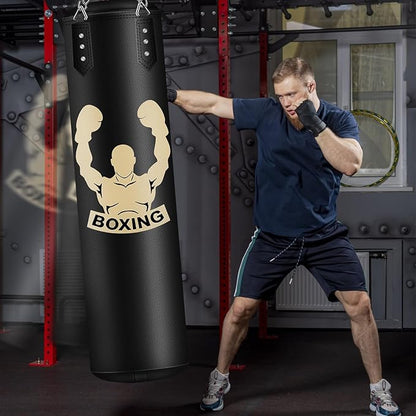 4FT Hanging Punching Bag for Adults, Super PU Leather Boxing Training Equipment Heavy Bag with 12OZ MMA Gloves, Unfilled Kicking Bag Boxing Set for Training Karate Kickboxing Muay Thai