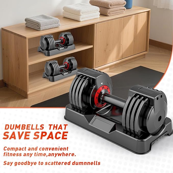 25/55lb Pair Adjustable Dumbbell Set, Adjustable Dumbbells Set of 2, 5 in 1/10 in 1 Free Weights Dumbbells Set with Anti-Slip Texture Handle, Weight Set For Home Gym Suit both Men and Women