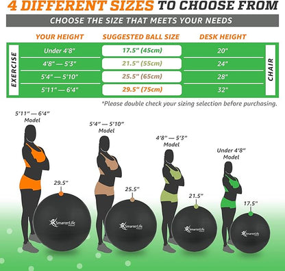 SmarterLife Exercise Ball Yoga Ball for Fitness, Balance, Stability, or Pregnancy, Gym Ball for Core Workout, Physical Therapy, Yoga Ball Chair for Office, Anti-Slip Anti-Burst