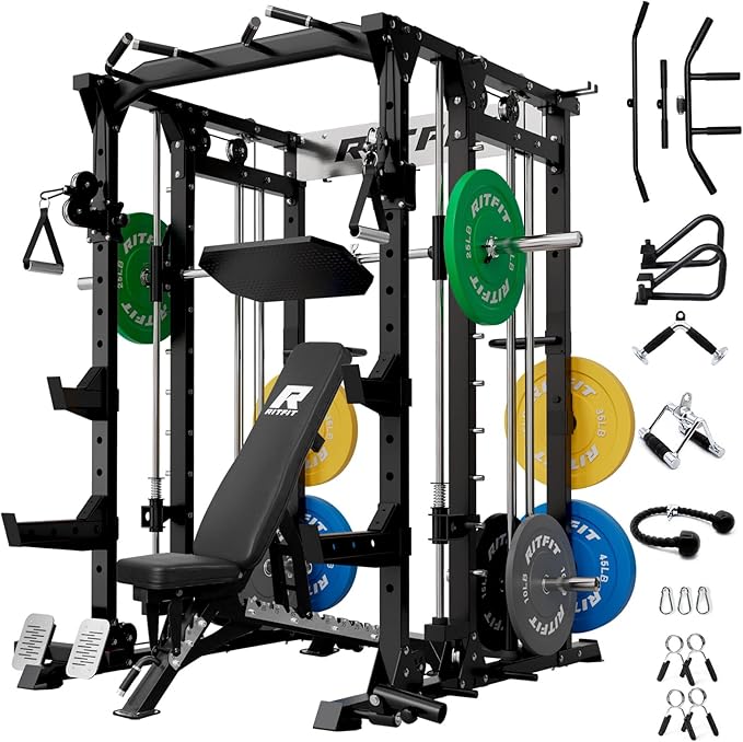 RitFit Buffalo Smith Machine, Power cage with LAT-Pull Down System & Cable Crossover System, All-in-One Squat Rack for Home Gym, Power Rack