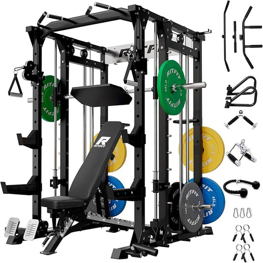 RitFit Buffalo Smith Machine, Power cage with LAT-Pull Down System & Cable Crossover System, All-in-One Squat Rack for Home Gym, Power Rack