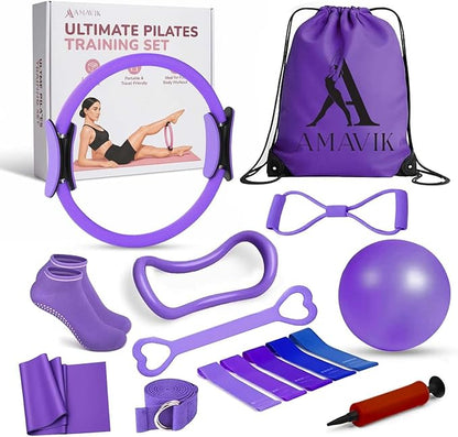 AMAVIK Pilates Kit 15-Pieces Home Workout Set with 5 Resistance Bands, Pilates Ring and Ball Set with Accessories-A Complete Pilates Set for Women to Improve Strength, Flexibility and Balance Body