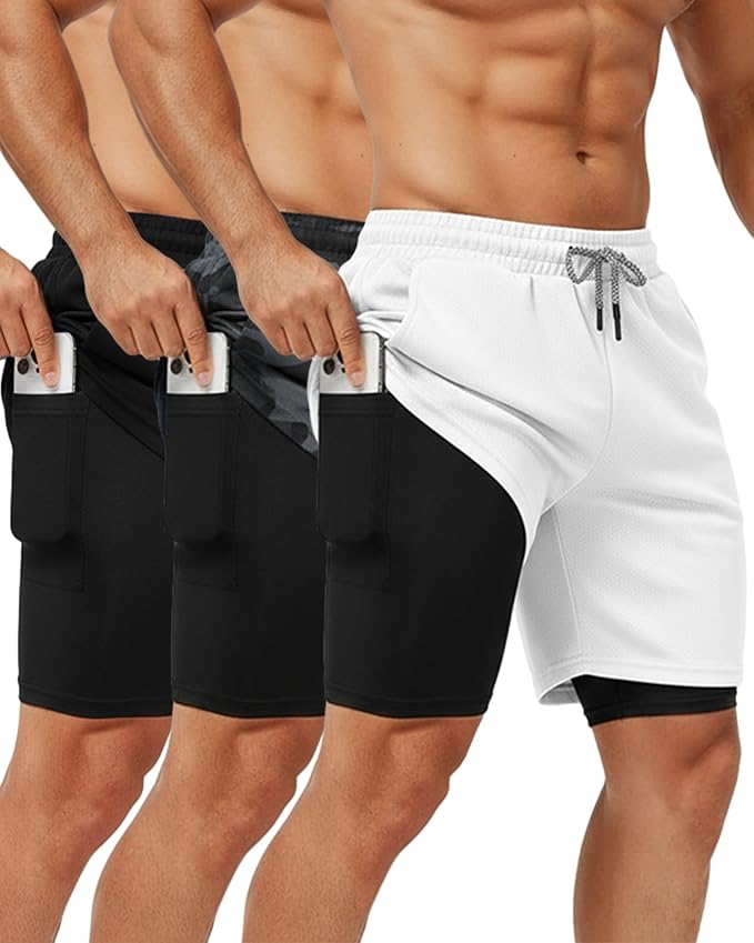 Sureio 3 Pcs Men's 2 in 1 Gym Workout Running Shorts 7 Inch Quick Dry Lightweight Athletic Short with Liner Pocket Towel Loop