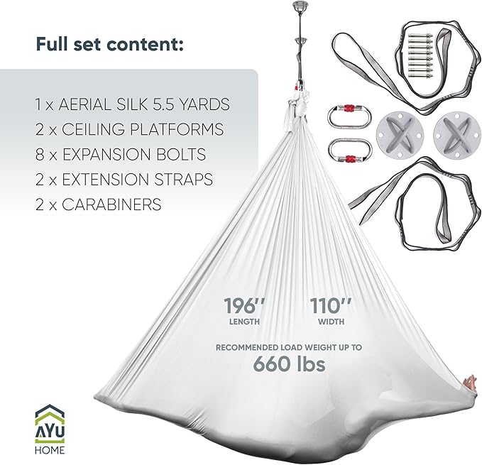AyuHome Aerial Silks Kit for Home - Premium Yoga Swing for Kids and Adults with 660 lbs Capacity - Versatile Aerial Yoga Hammock for Gymnastics Training