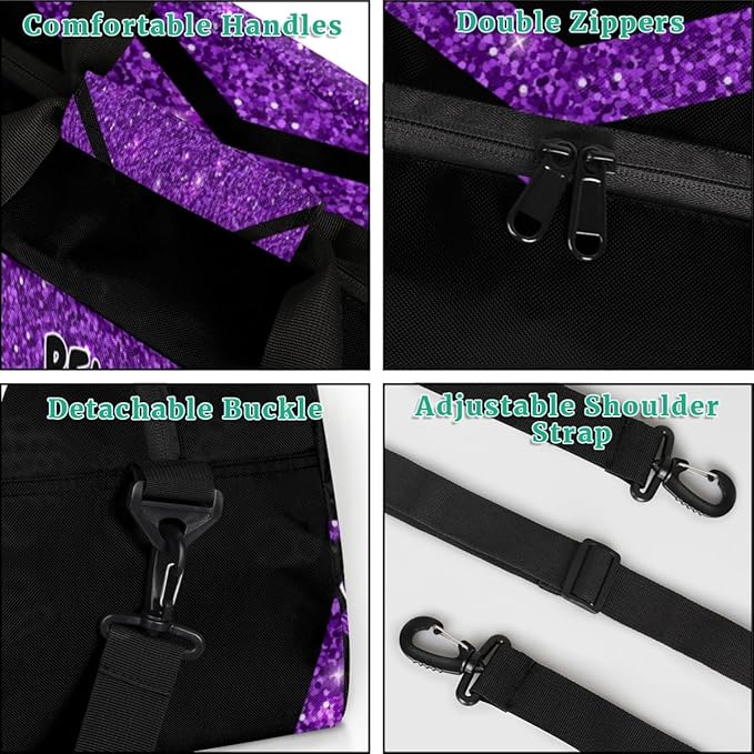 Custom Sports Duffel Cheerleaders Bag Girls, Sports Travel Bag Tote Carry On Weekender Gym Dance Cheer Sleepover Bag, Deep Purple Glittering Sequins Effect Picture Print