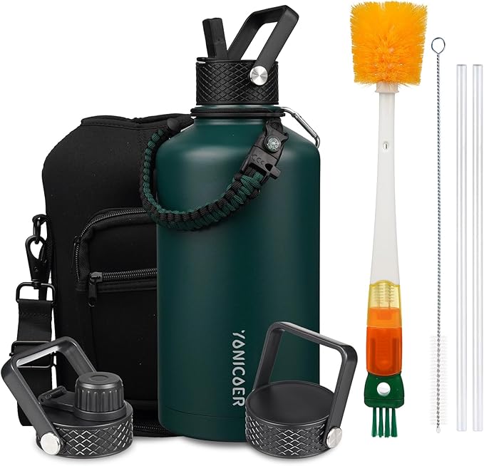 Insulated Water Bottle 87oz,Triple Wall Vacuum Stainless Steel(Dishwasher Safe),Leak Proof & Non-BPA,Flask Jug with Paracord Handle & Straw Spout Lids Sports Green
