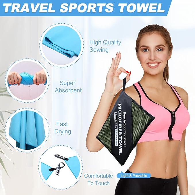 VitalCozy 4 Pcs Quick Dry Camping Towel 48" x 24" Microfiber Travel Swimming Lightweight Towel Absorbent Fast Drying Set for Beach Yoga Sports Swimming Pool Backpacking Workout, 4 Colors