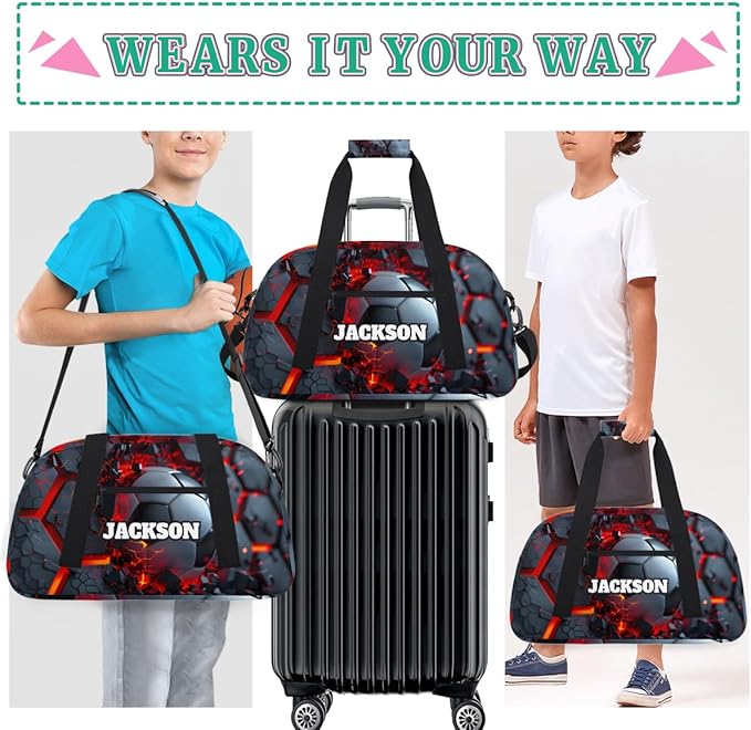 Personalized Boys Soccer Gym Bags for Kids, Custom Name Sport Bags for Training Travel Overnight Weekender, Dark Red