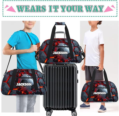 Personalized Boys Soccer Gym Bags for Kids, Custom Name Sport Bags for Training Travel Overnight Weekender, Dark Red