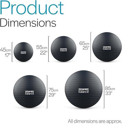 Core Balance Exercise Ball, Stability Ball for Yoga, Pilates and Fitness, Gym Ball for Home Gym and Office Chair, Training, Physical Therapy, Anti Burst, Pump Included, 55cm 65cm 75cm 85cm