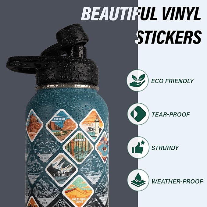 National Parks Water Bottle – 40 oz Insulated Stainless Steel Bottle with 63 Hand-Drawn Park Stickers, Carrier Bag, Strap & Gift Box – BPA-Free – Ideal for Hiking, Camping & Travel