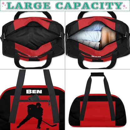 Personalized Sports Gym Bag Boys, Custom Large Sport Duffel Bag Weekender Baseball Football Basketball Bag Travel Training Bag, Ice Hockey Black Red Background