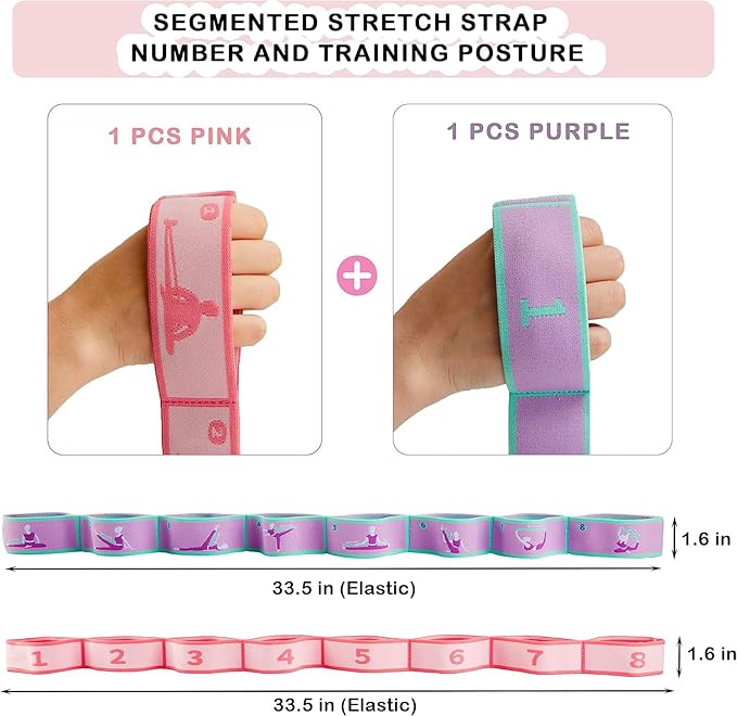 Stretch Straps with Loops for Exercise - 2 Pcs Yoga Stretching Straps for Kids, Elastic Resistance Bands 8 Loops for Dance, Gymnastics, Pilates & Flexibility Training