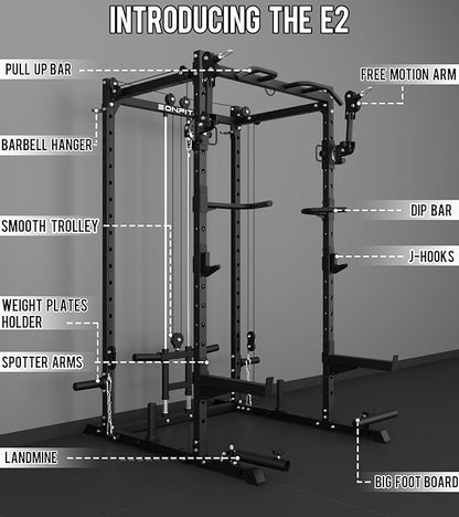Eonfit E2 Power Cage，1500LB Squat Rack with Cable Crossover System.Multi-Function Power Rack for Home Gum.All-in-One Squat Rack with More Training Attachments