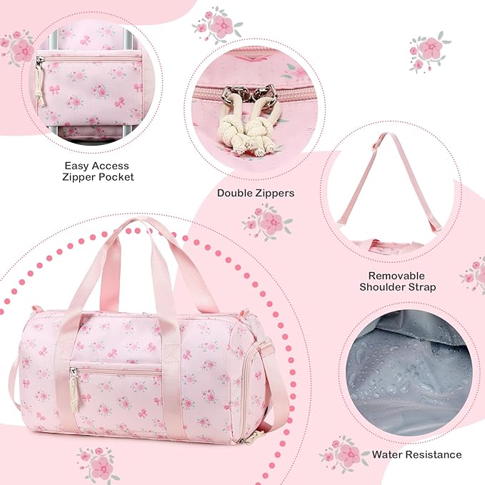 Gym Bag Sports Duffle Bags with Wet Pocket Weekender Overnight Bag with Shoe Compartment and Air Hole for Girls Kids Women Workout Travel Bags (Bow Flower-Pink)