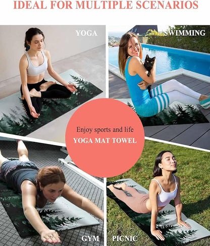 Pine Tree Forest Yoga Mat Towel with Corner Pockets for Hot Yoga Non Slip,Absorbent Yoga Blankets Microfiber Soft Gym Sweat Working Out Fitness Pilates Towels 74"x26" Green Landscape Nature Decor