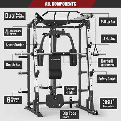 SunHome Smith Machine, Power Cage Squat Rack with Smith Bar, LAT Pull-Down Systems, Cable Crossover Machine and Cable Attachment for Home Gym