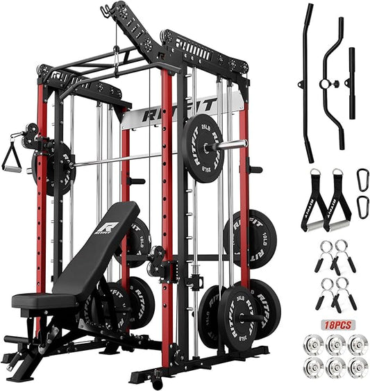 RitFit M1 Pro Smith Machine with Cable Crossover System, Multi-Function Squat Rack Power Cage for Home Gym, Power Rack and Packages