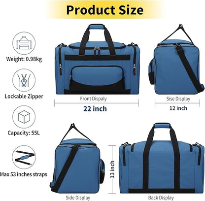 Gym Bag 22 inch Sport Duffle Bag for Men - 55L Weekender Duffel Bag for Travel 22“×12”×13“ - Royal Blue