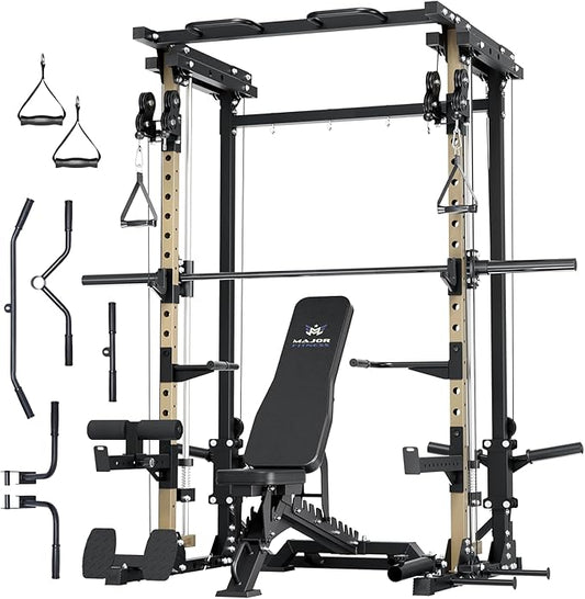 MAJOR FITNESS Drone3 Smith Machine, 2500lbs All-in-One Home Gym Power Rack with Dual Pulley System for Cable Crossover, Pull-Up Bars