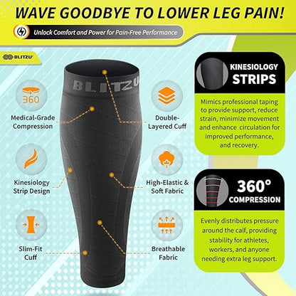 BLITZU 3 Pairs Calf Compression Sleeves for Men and Women. Footless Compression Socks & Leg Support for Running, Travel, Nursing, Fitness. Shin Splints Pain Relief & Reduce Swelling Black 3XL