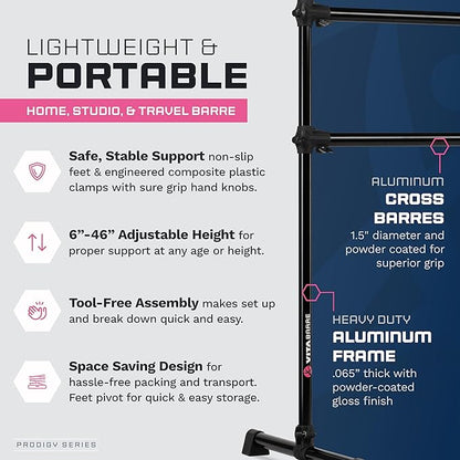 VITA Barre Portable Freestanding Double Ballet Barre, Prodigy, Aluminum | Adjustable Height, USA Made, Home or Gym Exercise Equipment for Kids & Adults | Dance, Fitness, Pilates
