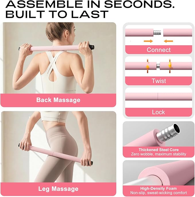 Pilates Bar Kit with Resistance Bands – Adjustable Home Gym Workout Equipment for Women & Men – Portable Pilates Equipment for Squats, Yoga & Full Body Toning