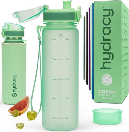 Hydracy Water Bottle with Time Marker -Large BPA Free Water Bottle & No Sweat Sleeve -Leak Proof Gym Bottle with Fruit Infuser Strainer & Times to Drink -Ideal for Fitness Sports & Outdoors