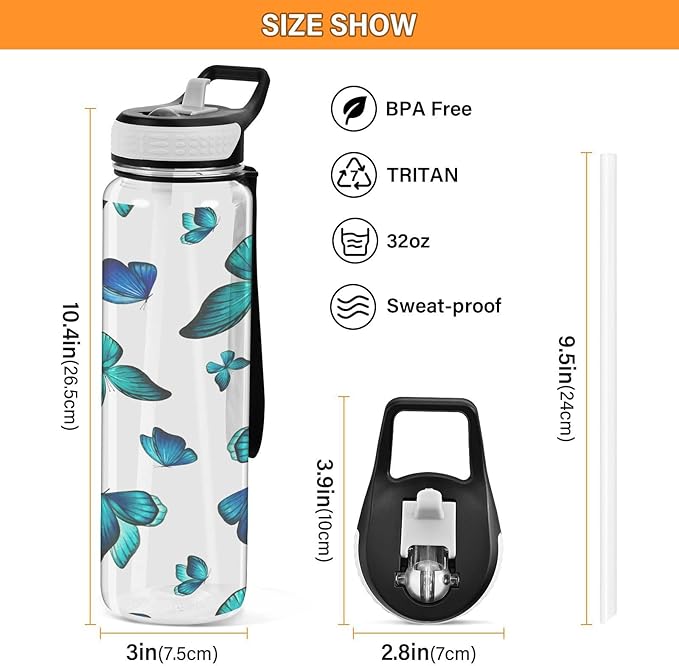 Watercolor Blue Butterfly Sport Water Bottle with Straw, Leakproof Tritan Bottle BPA Free Clear Water Bottle for Fitness Outdoor Gym Travel- 32 oz