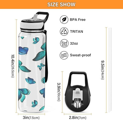 Watercolor Blue Butterfly Sport Water Bottle with Straw, Leakproof Tritan Bottle BPA Free Clear Water Bottle for Fitness Outdoor Gym Travel- 32 oz