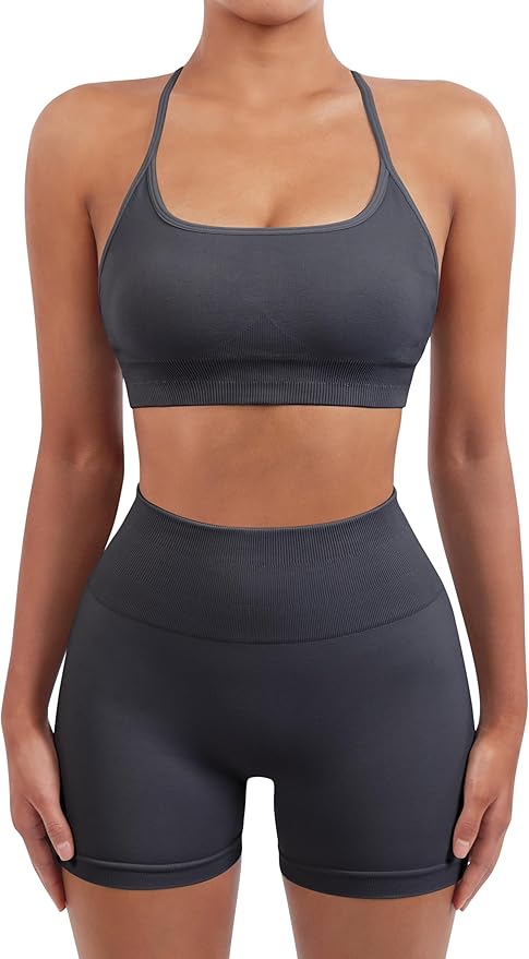 SUUKSESS Women Seamless Workout Sets Strappy Sports Bra High Waist Booty Shorts Outfits