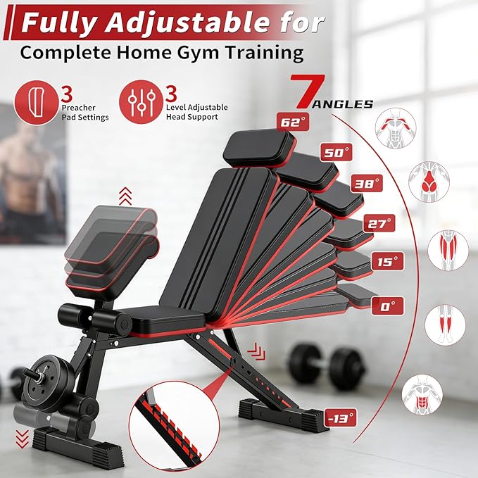 Adjustable Weight Bench, Foldable Workout Bench Press, Weight Benches for Home Gym, Workout Equipment for Full Body Exercise