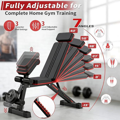 Adjustable Weight Bench, Foldable Workout Bench Press, Weight Benches for Home Gym, Workout Equipment for Full Body Exercise