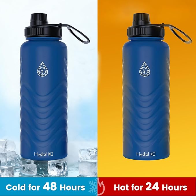 24oz Stainless Steel Insulated Water Bottle, 48H Ice Cold & 24H Hot, Leak-Proof Wide Mouth Lids (Straw & Spout), BPA-Free Bottles, Mens Water Bottle for Gym, Hiking, Travel - Blue