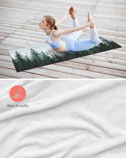 Pine Tree Forest Yoga Mat Towel with Corner Pockets for Hot Yoga Non Slip,Absorbent Yoga Blankets Microfiber Soft Gym Sweat Working Out Fitness Pilates Towels 74"x26" Green Landscape Nature Decor