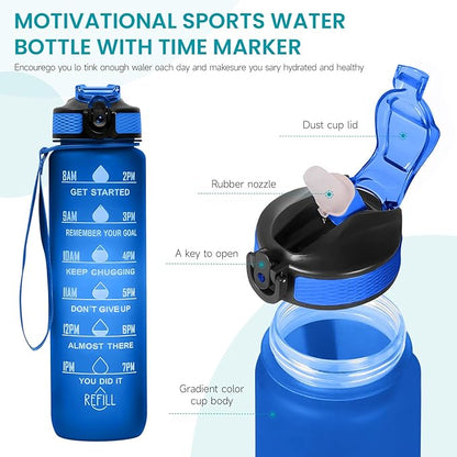 32 oz Water Bottles with Times to Drink and Straw, Motivational Water Bottle with Time Marker, Leakproof & BPA Free, Drinking Sports Water Bottle WIth Hand Strap for Fitness, Gym & Outdoor (blue)