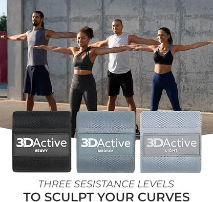 3DActive Fabric Resistance Bands for Legs & Butt. Wide Non-Slip Hip Band Set for Home & Gym Workouts. Exercise Guide & Carry Bag Included.