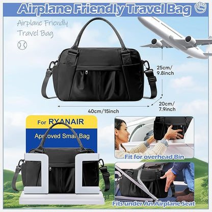Small Black Gym Duffle Bag for Women Men with Shoe Compartment, Mini Cute Weekender Handbag Carry on Travel Bag for Airplane, Water Resistant Sports Yoga Tote Bag with Dry Wet Separated Pocket.